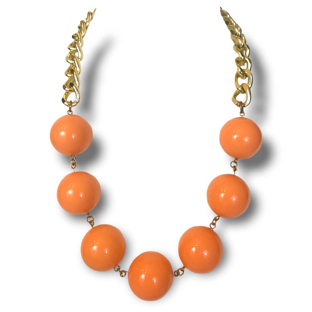60's Retro Necklace Choker Orange Jumbo Beads Gold Tone Curb Chain
